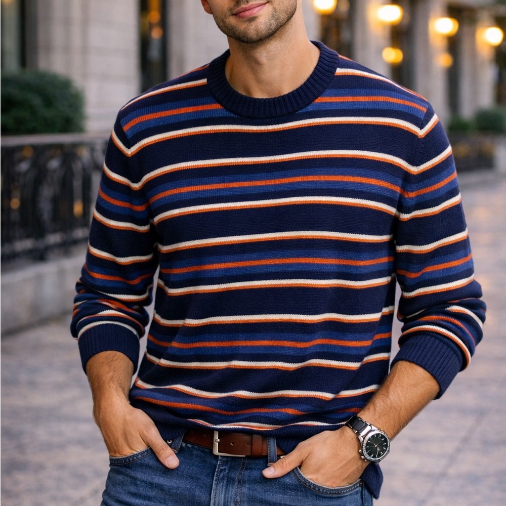 Calvin Klein Men's Striped Navy and Orange Crewneck Sweater